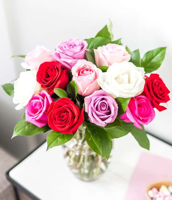One Dozen Red, Pink, Purple &amp; White Roses with a Clear Glass Vase