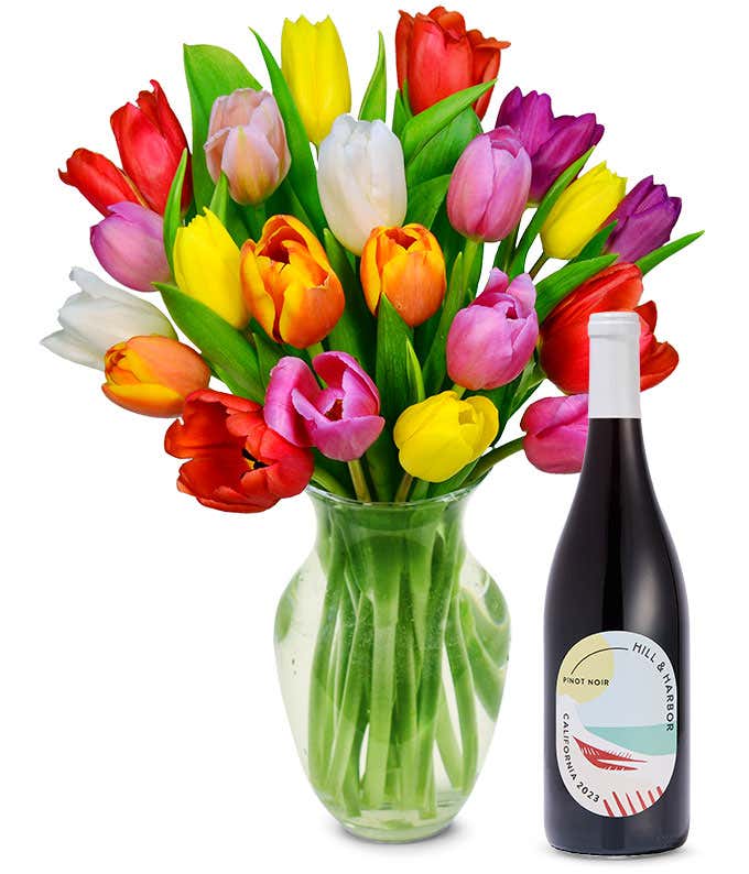 Premium Rainbow Tulip Bouquet with Red Wine