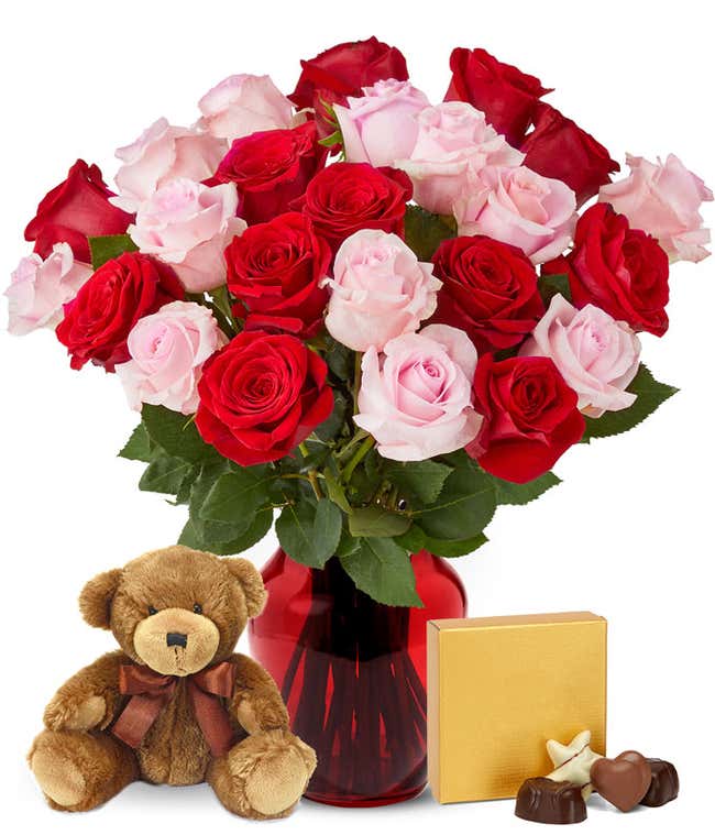 Unique Valentine's gift with two dozen pink &amp; red roses delivered  with teddy bear and chocolates