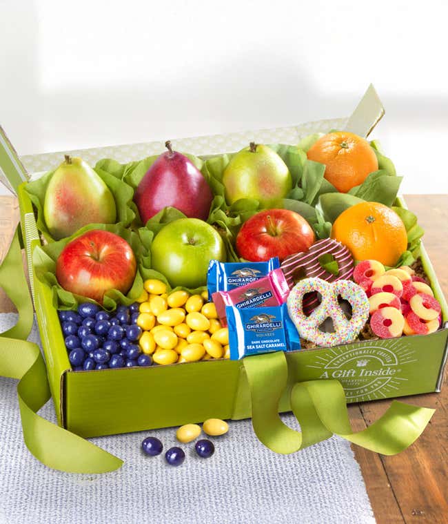 gift box featuring 2 D'Anjou Pears, 1 Red Pear, 2 Braeburn Apples, 1 Granny Smith Apple, 2 Navel Oranges, 2 Chocolate Dipped Spring Pretzels, 3 oz. Lemon Creme Almonds, 3 oz. Peach Ring Gels, 3 oz. Chocolate Covered Dried Blueberrie