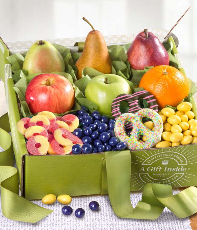 Springtime Gift Box: D'Anjou Pears, Red Pear, Braeburn Apples, Granny Smith Apple, Navel Oranges, Chocolate Dipped Spring Pretzels, Lemon Cr&egrave;me Almonds, Gummy Peach Rings, Chocolate Covered Dried Blueberries, Assorted Ghirardelli Chocolate Squares.