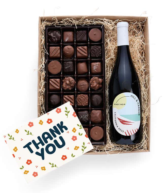 A gift box containing a bottle of California Pinot Noir by Hill &amp; Harbor, a 1 lb box of 28 assorted gourmet chocolates, and a Thank You card.   A refined combination perfect to show your appreciation.