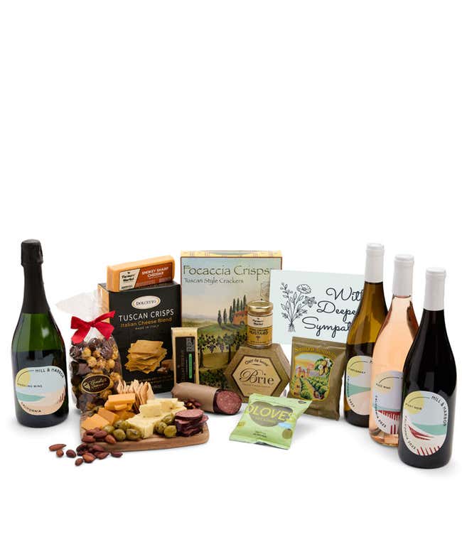 A wine and cheese gift set featuring 4 bottles of Hill &amp; Harbor wine - red, white, ros&eacute; and sparkling. Includes a variety of gourmet cheeses, crackers, olives, almonds, sausage, and condiments finished with a Sympathy Card.
