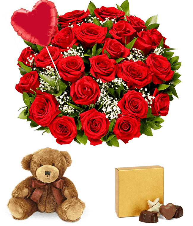 Partial image of Two Dozen Red Roses + Heart Eye Emoji Balloon + Chocolate + Bear without vase.
