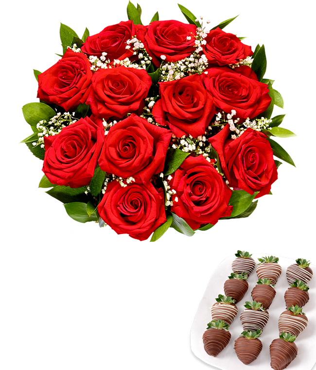 Partial image of One dozen red roses with one dozen chocolate covered strawberries without vase.