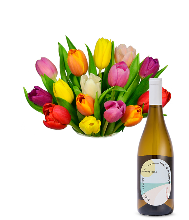 Partial image of Rainbow Tulip Bouquet with White Wine without vase.