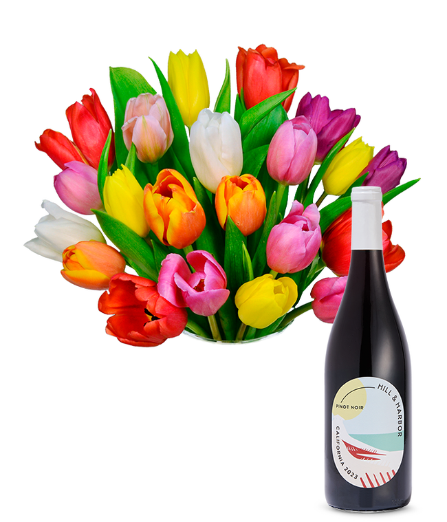 Partial image of Premium Rainbow Tulip Bouquet with Red Wine without vase.