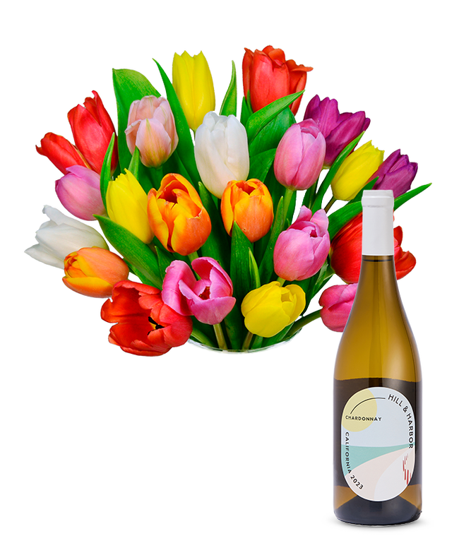 Partial image of Premium Rainbow Tulip Bouquet with White Wine without vase.