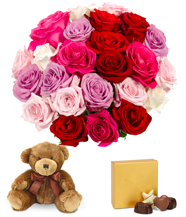 Partial image of Two Dozen Assorted Sweetheart Roses with Chocolates &amp; Bear without vase.