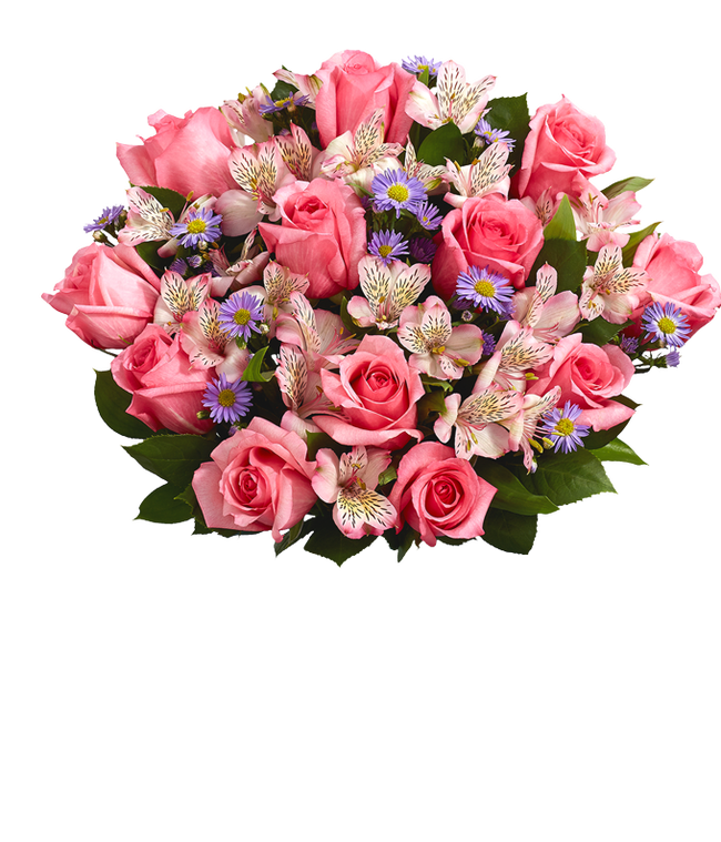 Partial image of A bouquet of pink roses, white alstroemeria, and lavender aster in a glass vase  without vase.
