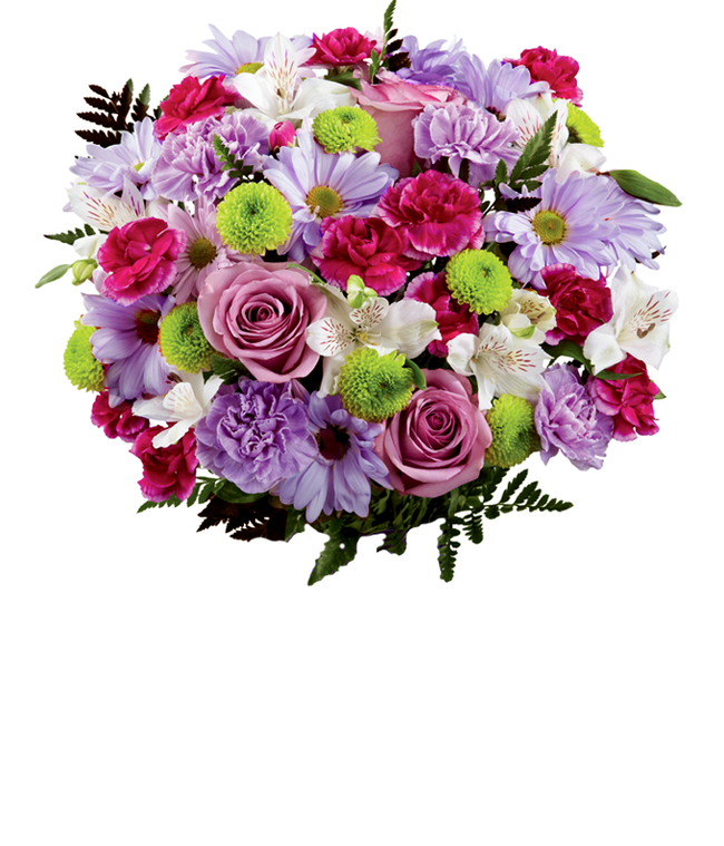 Partial image of A bouquet featuring lavender daisies, lavender roses, hot pink mini carnations, lavender carnations, white alstroemeria, and green button poms, with an optional vase. without vase.
