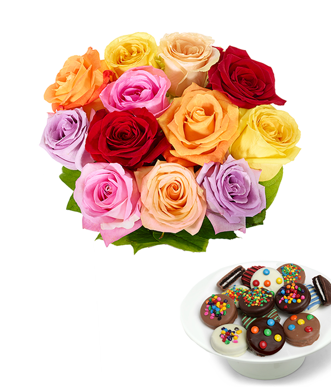 Partial image of One Dozen Rainbow Roses bouquet with a dozen Sprinkle Chocolate Covered Oreos, optional glass vase, and personalized gift message. without vase.